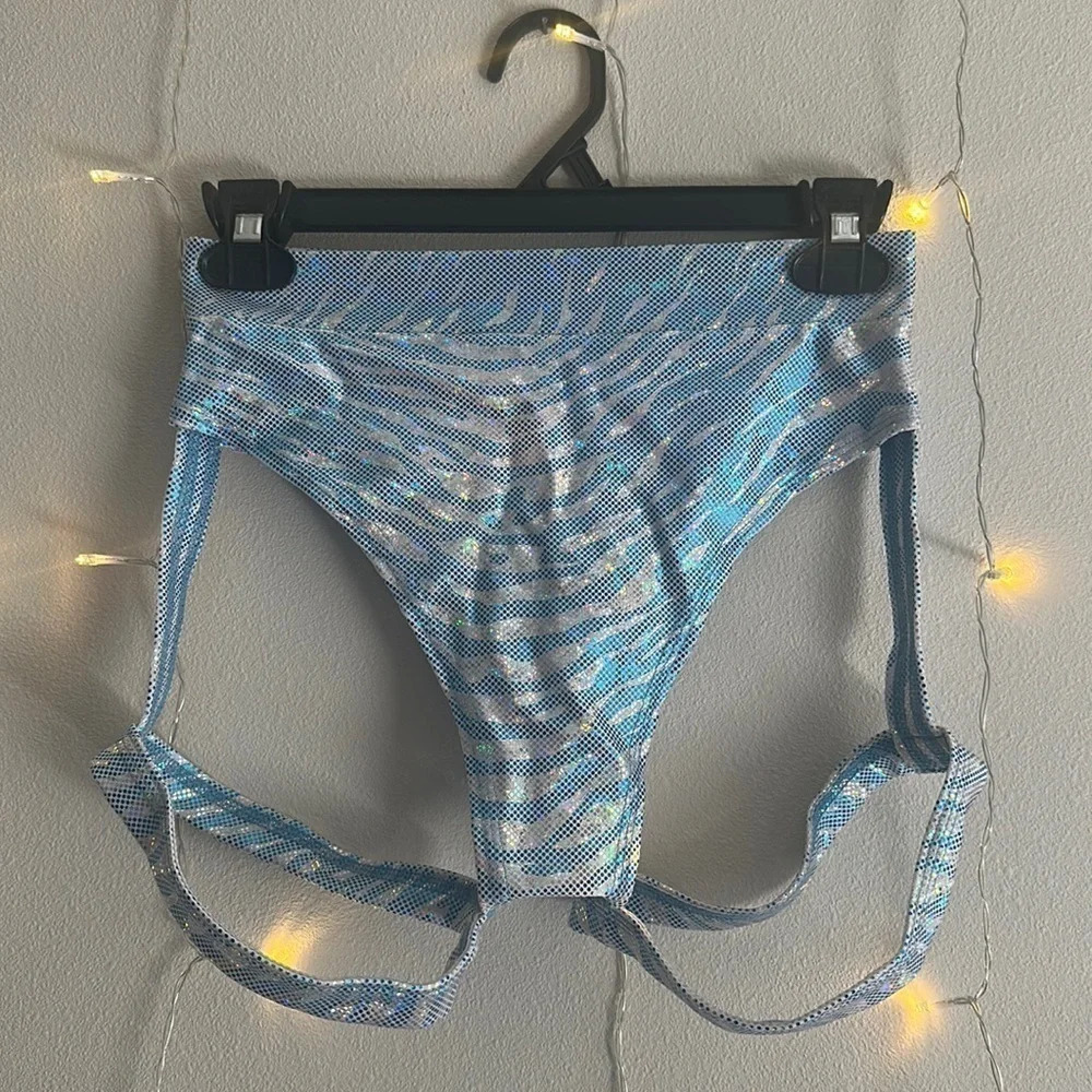 Blue Holographic Tiger Print Rave Bottom w Built-in Garters ππ―βββββββ